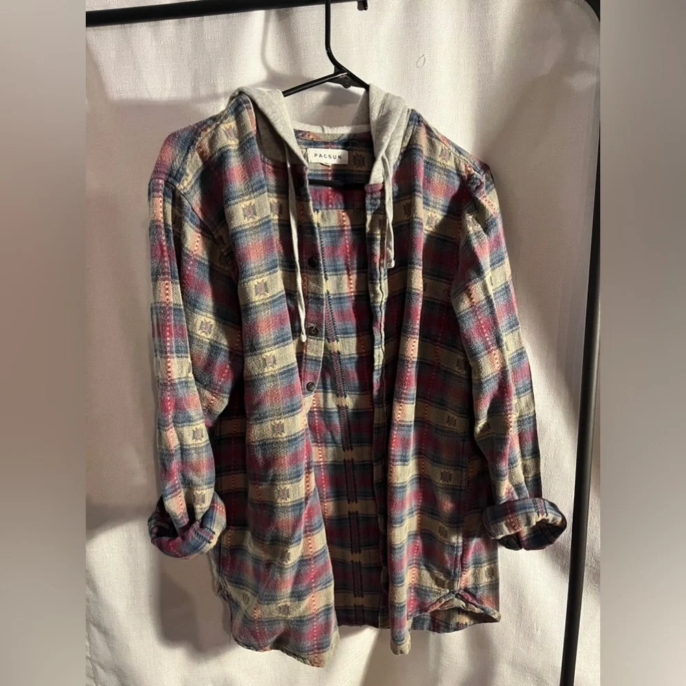 PacSun Medium Hooded Plaid Long Sleeve Shirt - Picture 4 of 4